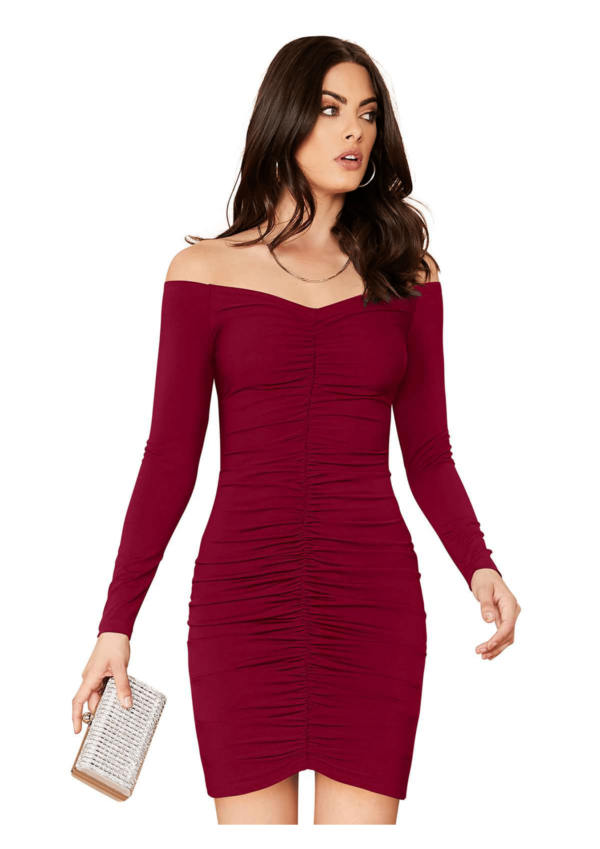 Elegant Off-Shoulder Burgundy Ruched Bodycon Dress - Image 5