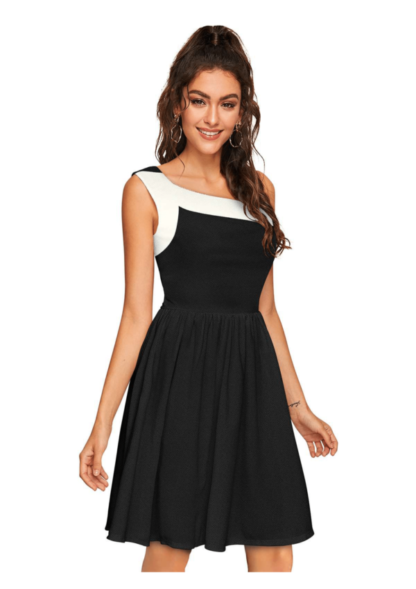 Elegant Black & White Sleeveless Fit and Flare Dress - Image 2