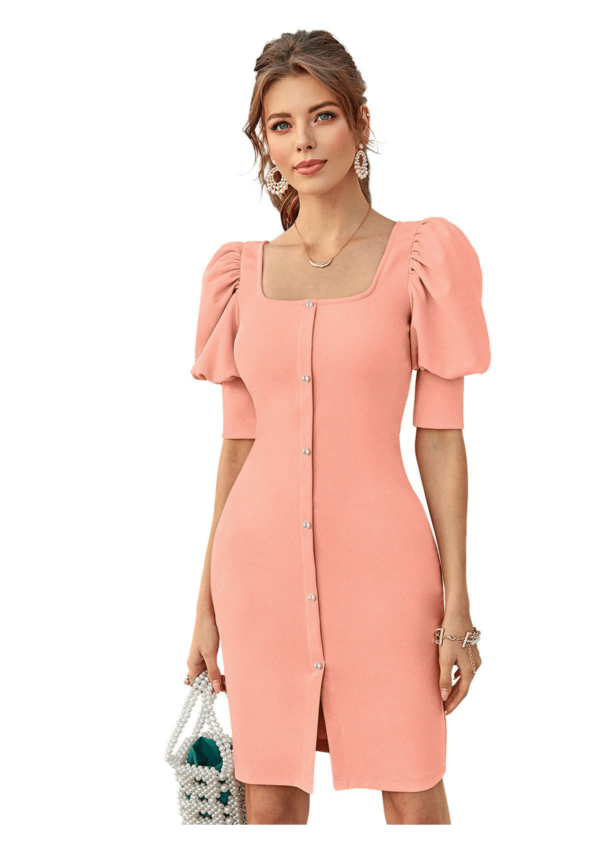 Elegant Puff Sleeve Button-Front Bodycon Dress