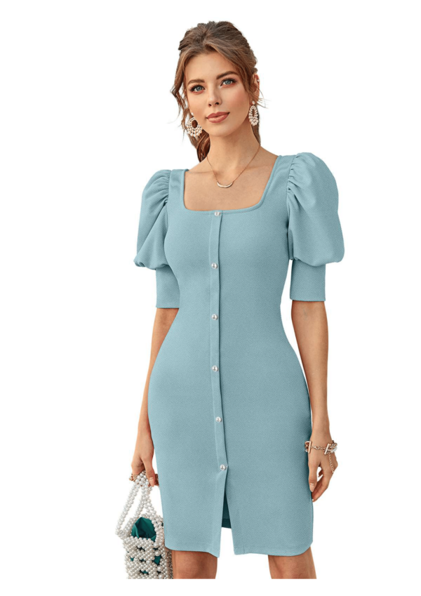 Elegant Puff Sleeve Button-Front Bodycon Dress - Image 4